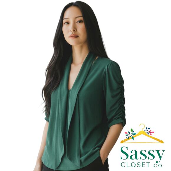 Lauren Ralph Lauren Green Blouse Tie Front Ruched Short Sleeve Size XL NWT - Picture 1 of 7